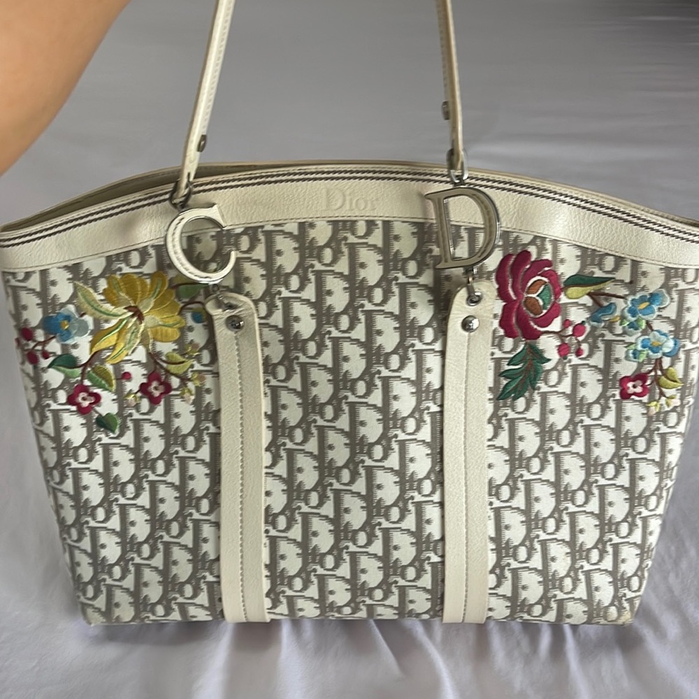 Auth DIOR/ChristianDior Flower Beige Brown Multi Jacquard Leather Handbag